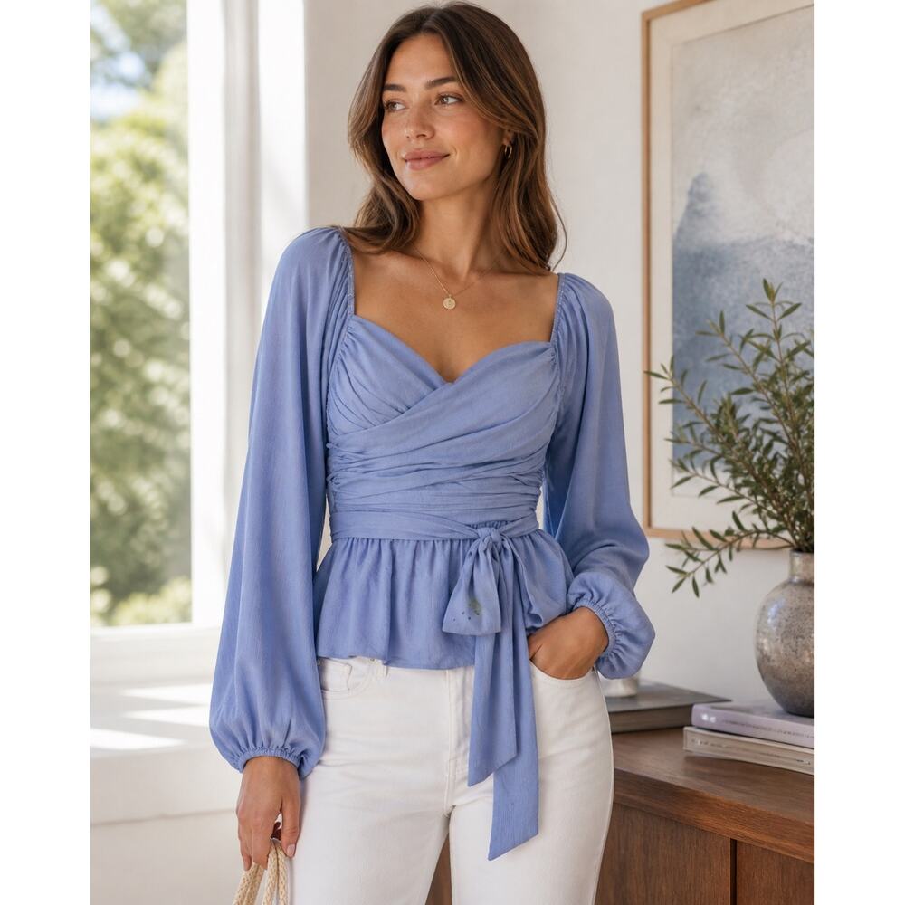 BCBGMAXAZRIA Light Blue Jacquard Balloon-Sleeve Top in Size XXS